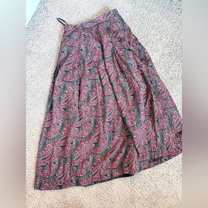 Vintage Silk Paisley Print Midi Skirt in Red, Black and Green